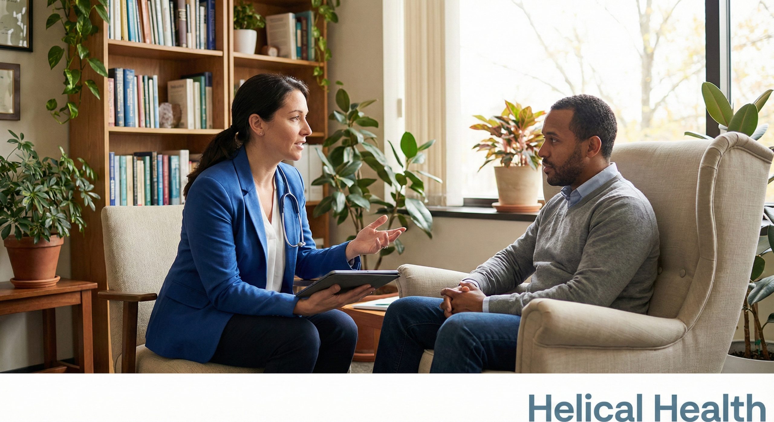 A healthcare professional wearing a blue blazer and stethoscope sits facing a seated adult man in a comfortable office, holding a tablet and gesturing as they talk. The man listens attentively from an armchair. Bookshelves, potted plants, and a window with daylight create a calm, welcoming clinical setting.