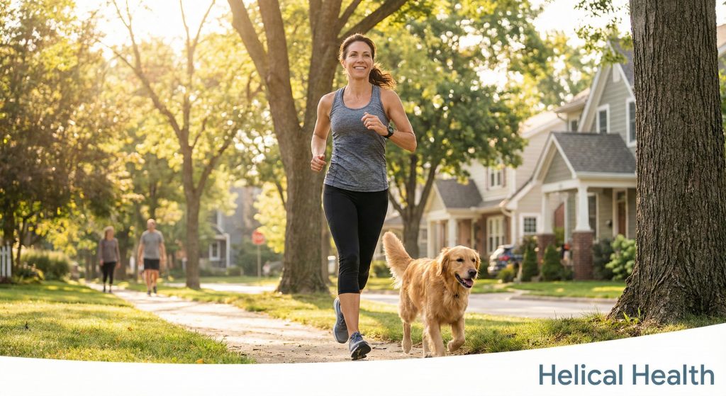 A woman jogs with her dog through a sunny neighborhood street; “Helical Health” appears at the bottom right.