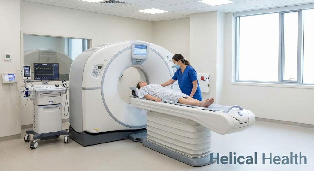 A technician prepares a patient for a CT scan in a bright imaging room; “Helical Health” appears at the bottom right.
