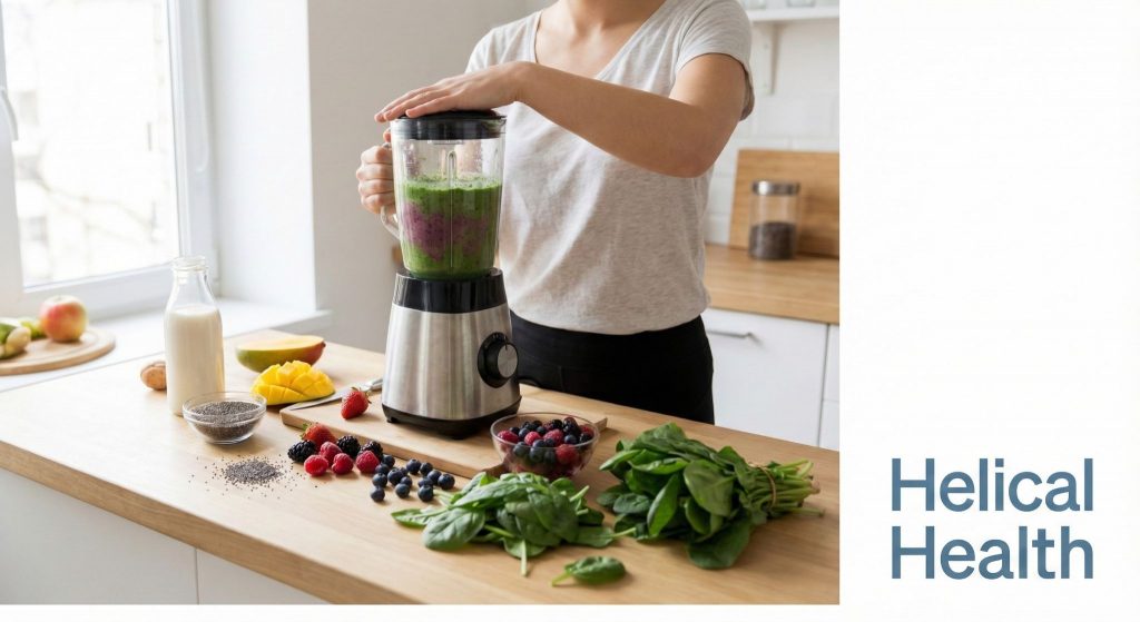 A person blends fruits and greens on a kitchen counter with fresh ingredients; “Helical Health” appears at the right.