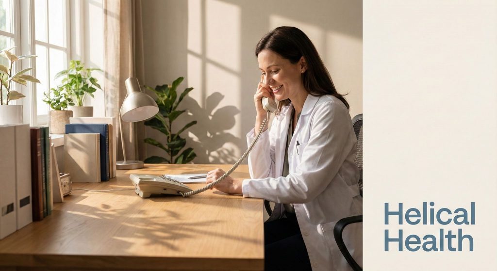 A doctor smiles while speaking on a corded phone at a sunlit desk with plants; “Helical Health” appears on the right.
