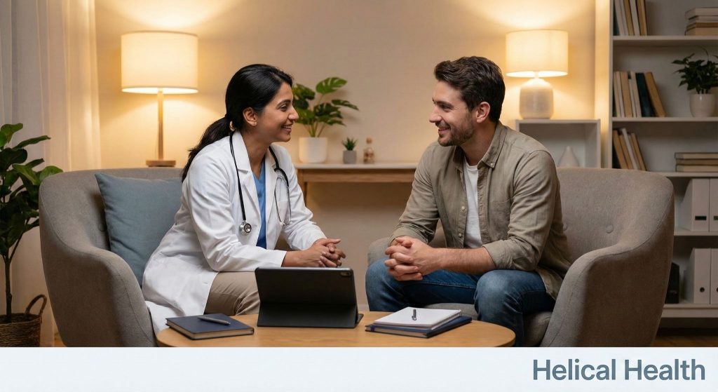 A doctor and patient talk while seated in a warmly lit room with notes and a tablet; “Helical Health” appears at the bottom.
