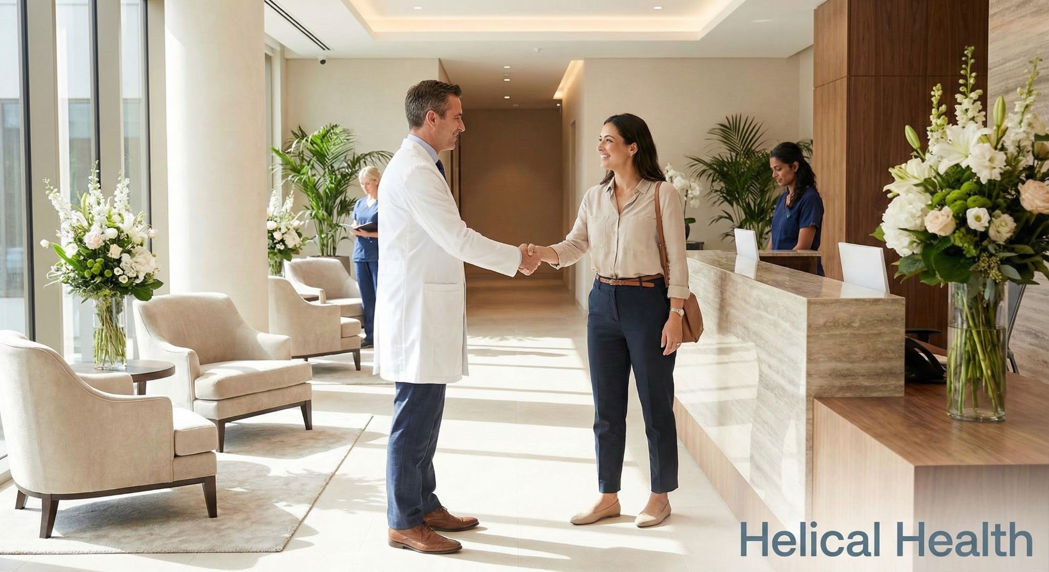 A doctor greets a patient with a handshake in a bright lobby with flowers; “Helical Health” appears at the bottom right.