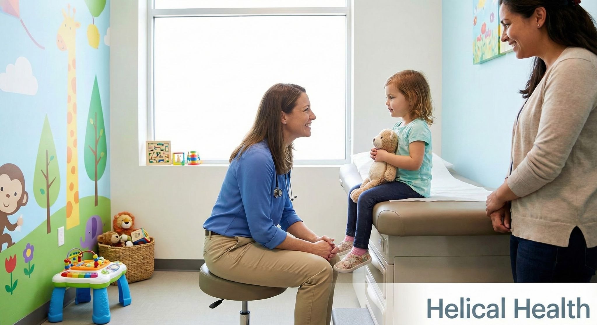 A doctor talks with a child holding a teddy bear in a colorful exam room as the mother watches; “Helical Health” appears below.