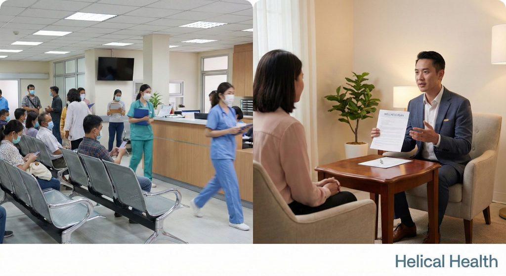 A busy clinic waiting area contrasts with a provider explaining a wellness plan in an office; “Helical Health” appears below.