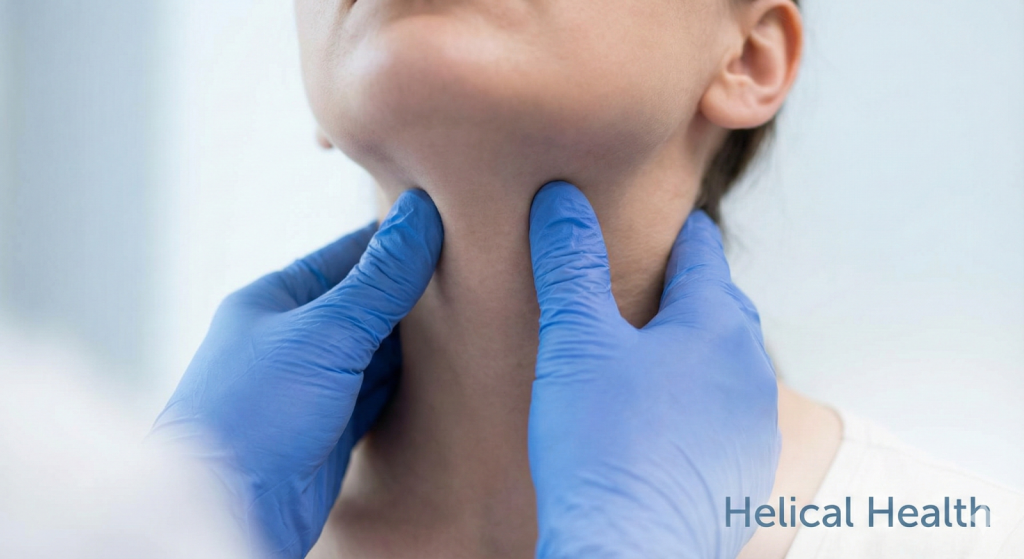Gloved hands examine a patient’s neck during a medical checkup.