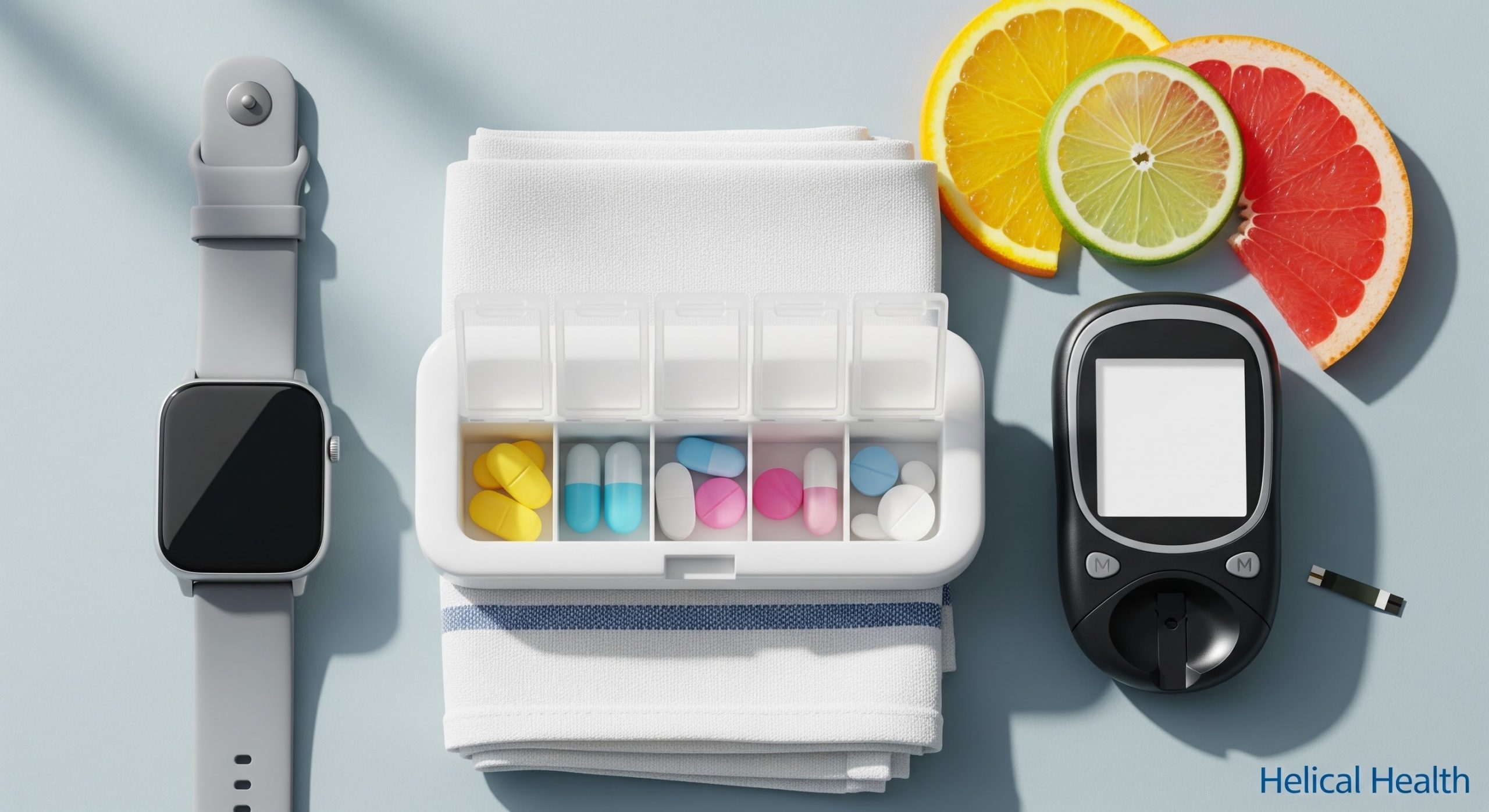 Smartwatch, weekly pill organizer, glucose meter, and citrus slices arranged neatly on a light blue surface.