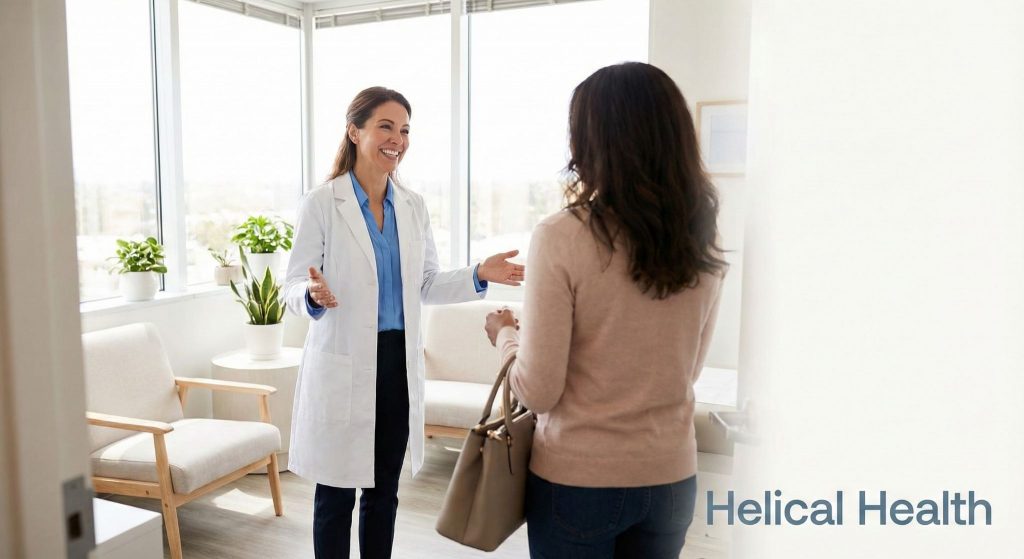 A doctor warmly greets a patient in a bright office with plants and seating; “Helical Health” appears at the bottom right.