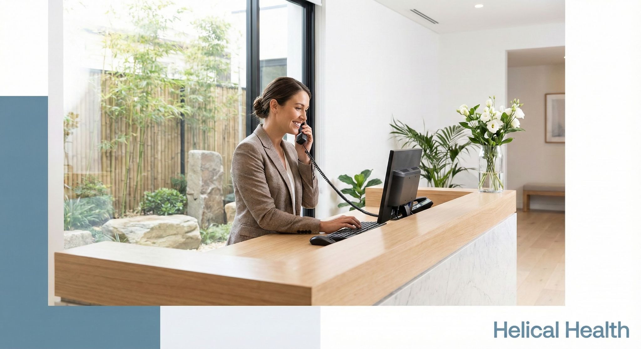 A receptionist smiles while taking a phone call at a bright front desk with flowers; “Helical Health” appears at the bottom right.