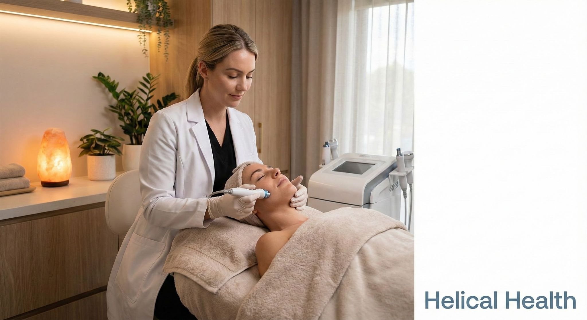 A medical spa clinician performs a facial treatment on a relaxed patient in a calming room; “Helical Health” appears on the right.