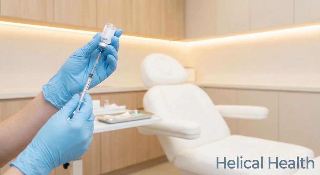 A gloved clinician draws product into a syringe in a medical spa treatment room; “Helical Health” appears at the bottom right.