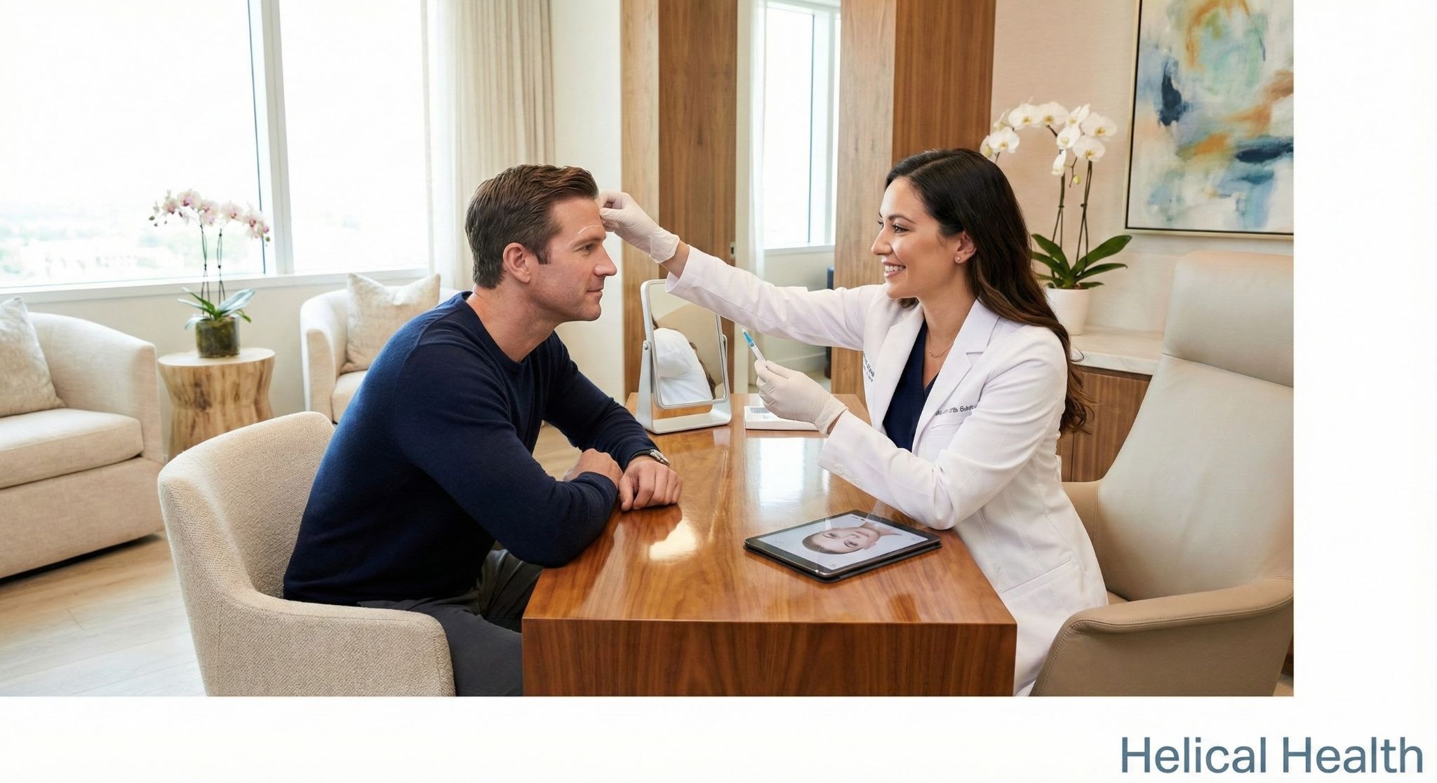 A medical spa clinician consults with a client, examining his forehead while holding a treatment tool; “Helical Health” appears below.