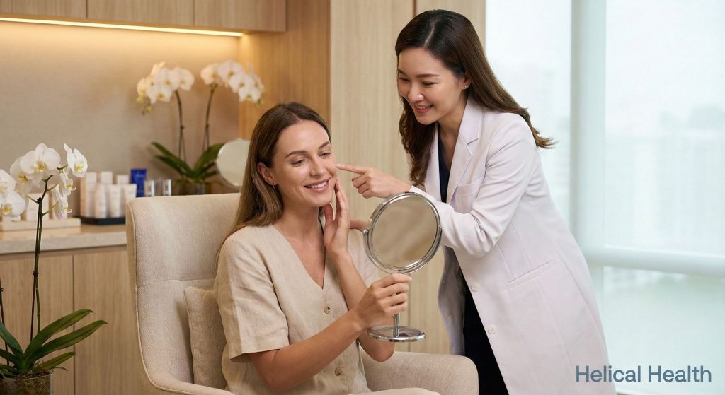 A medical spa provider shows a client her skin results as she looks in a mirror and smiles; “Helical Health” appears at the bottom right.