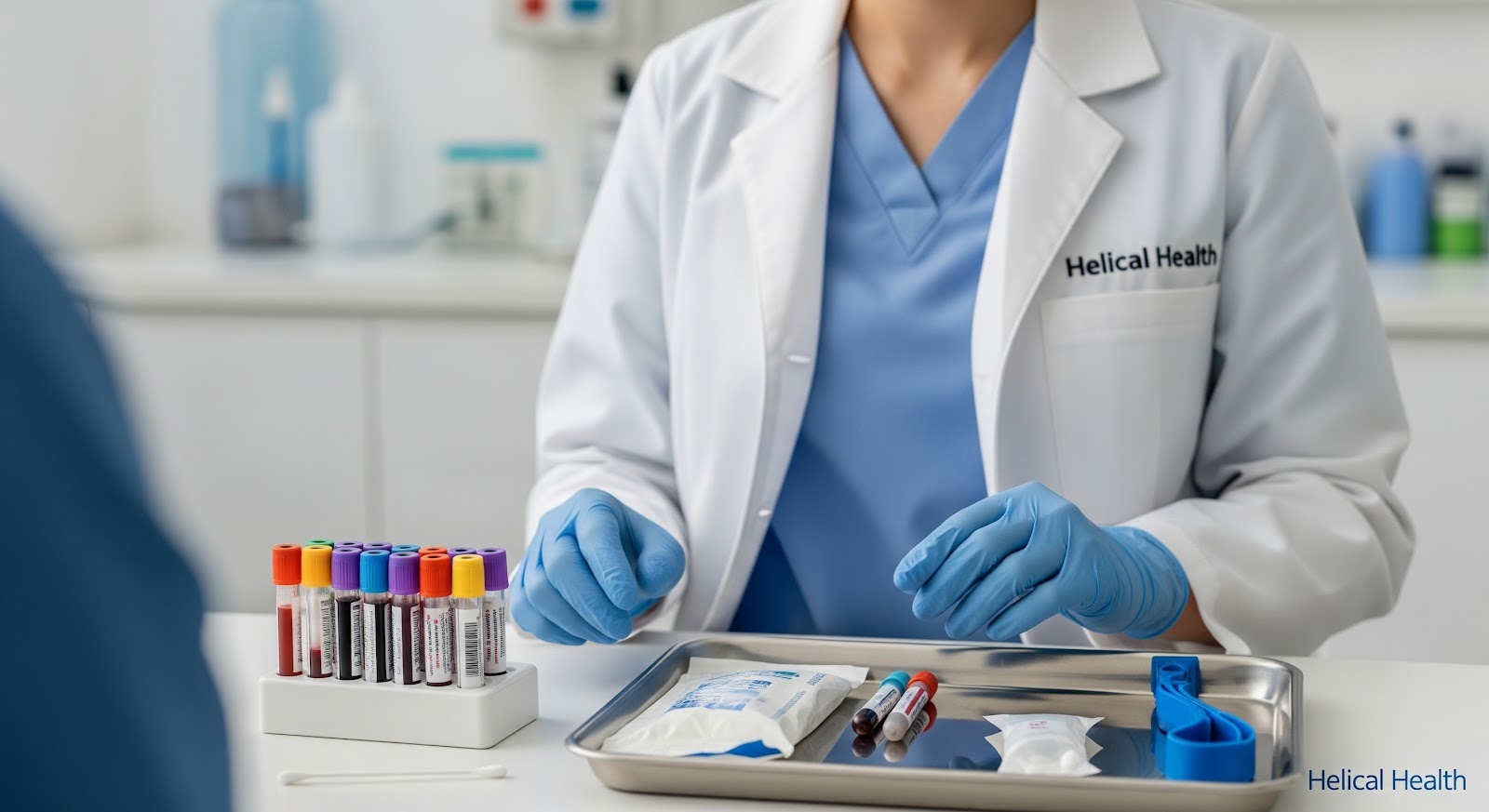 Healthcare worker prepares blood collection supplies and vials on a metal tray in a clinical setting.
