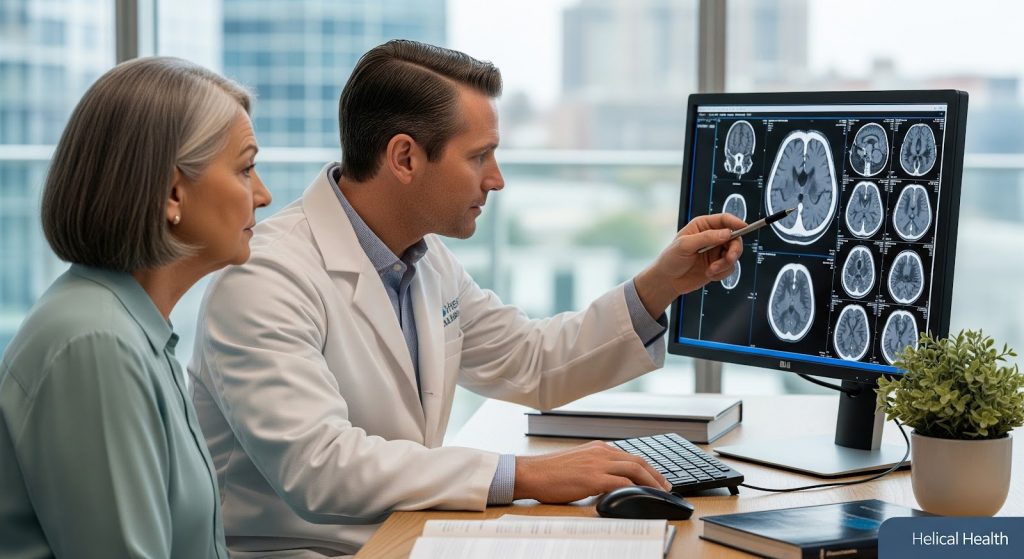 Doctor shows a patient brain scan images on a computer monitor in a medical office.