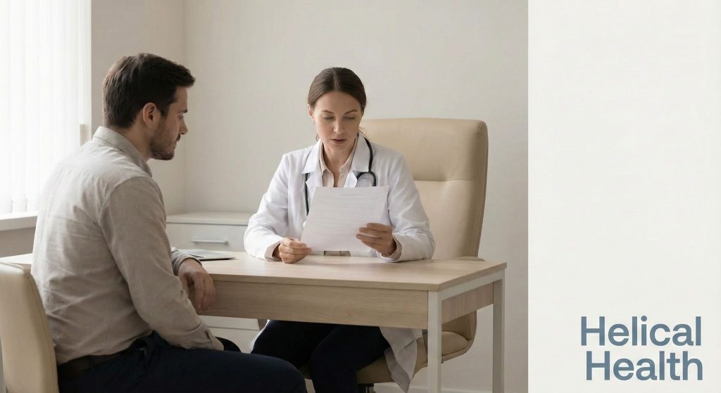 A doctor reads a document to a seated patient in a bright office; “Helical Health” appears on the right side of the image.
