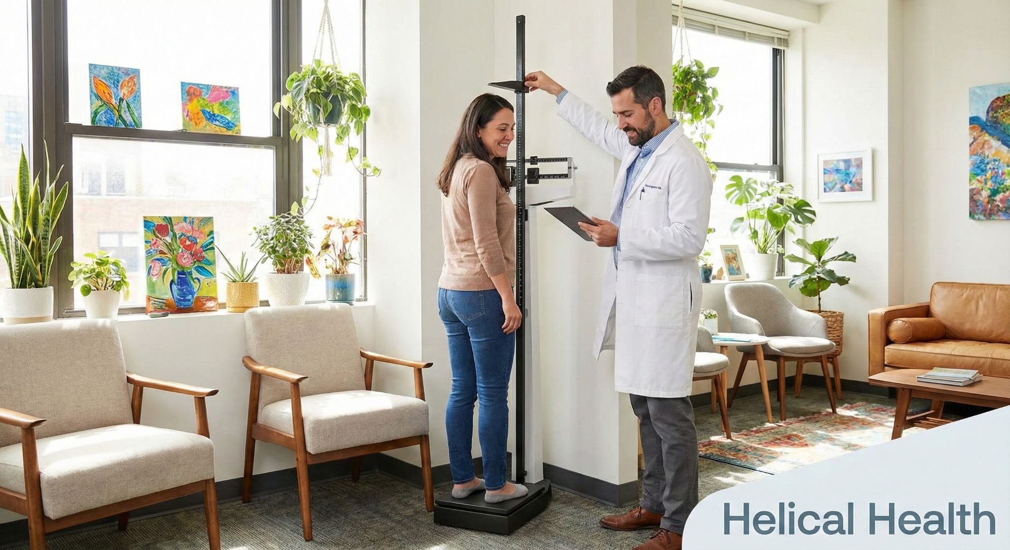 A doctor measures a patient’s height in a bright, plant-filled clinic; “Helical Health” appears at the bottom right.
