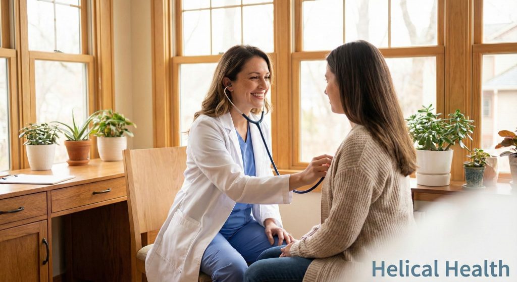 A smiling doctor uses a stethoscope to examine a patient in a bright room with plants; “Helical Health” appears at the bottom.