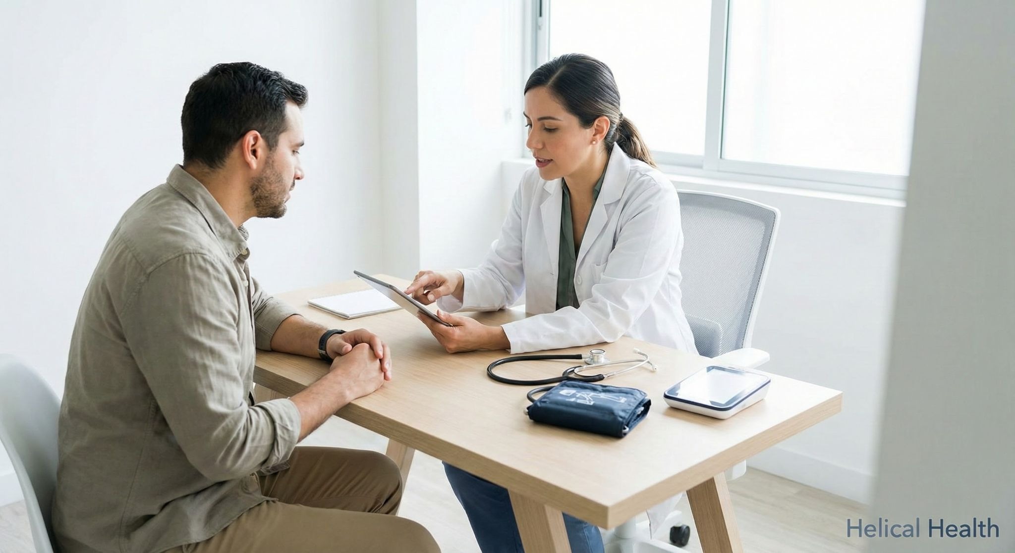 A doctor shows information on a tablet to a patient at a desk; medical tools and “Helical Health” appear in the bright office.