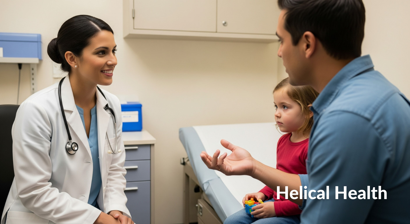 Doctor speaking with a father and his young daughter in an exam room