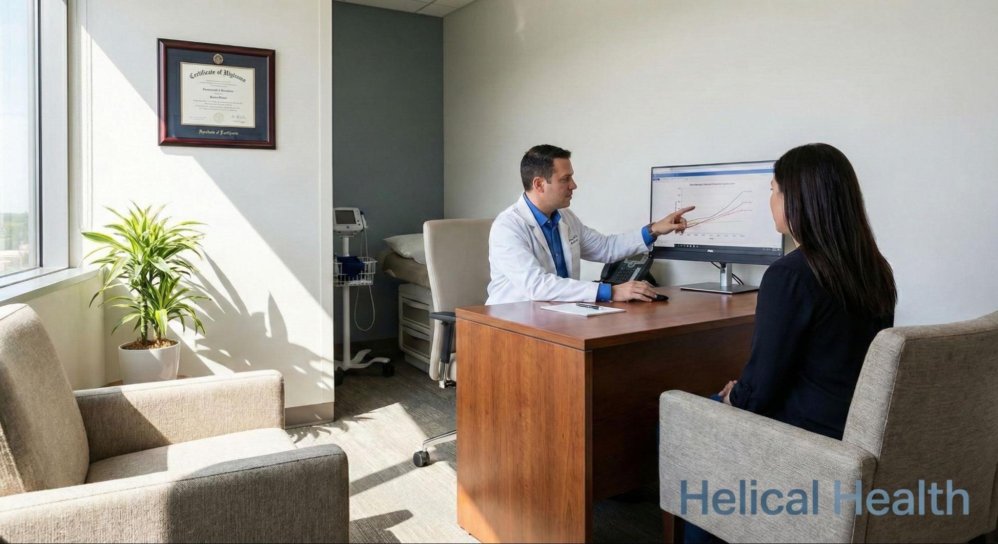 Doctor reviews test results on a computer screen with a patient during a private medical consultation.
