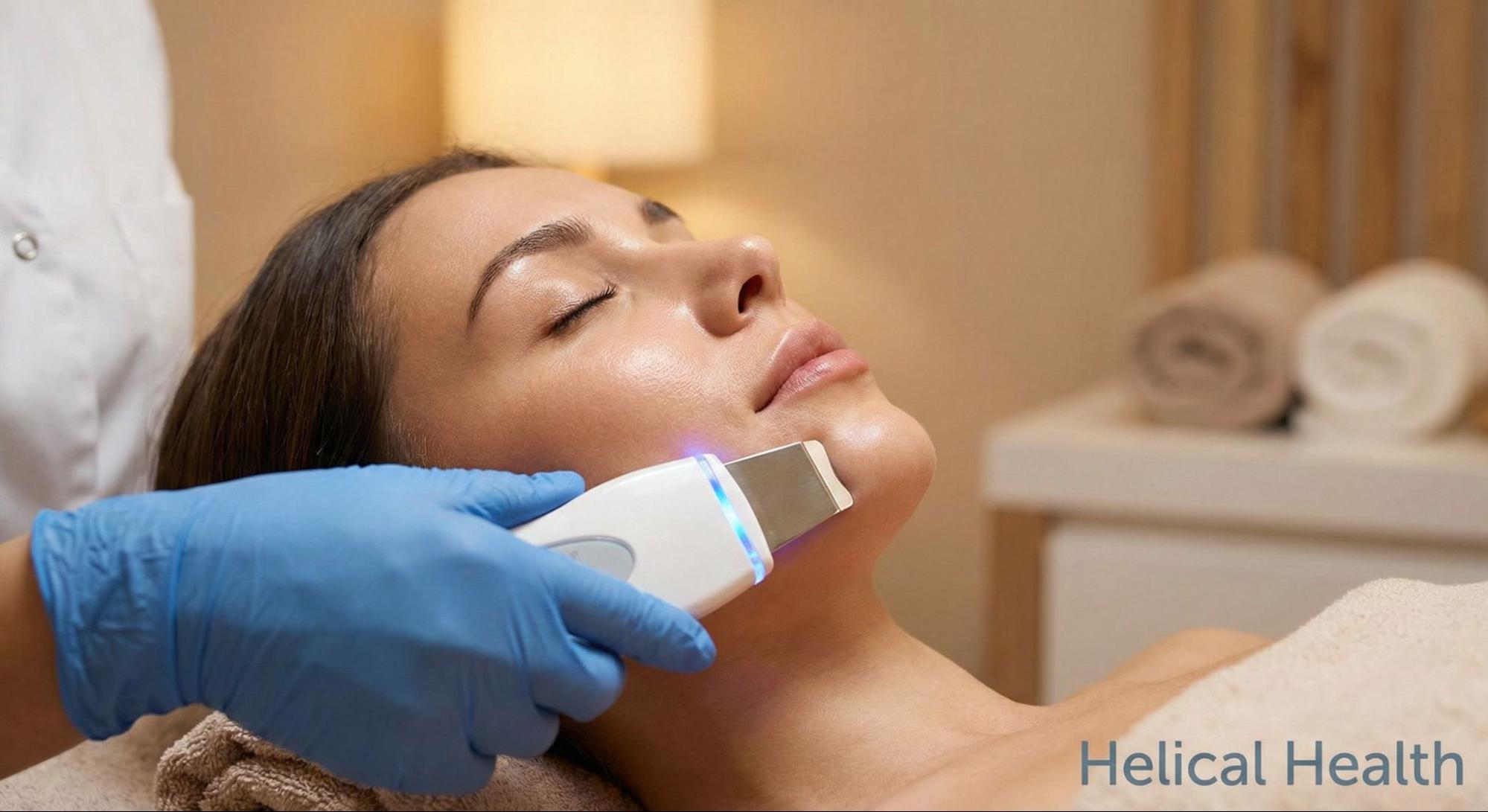 Clinician performs an anti-aging facial treatment using a handheld device on a relaxed patient in a medical spa setting.