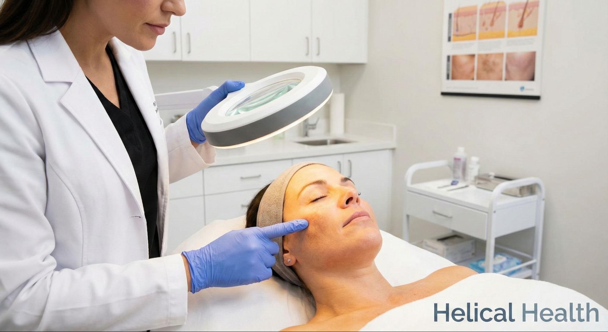A clinician examines a patient’s facial skin under a magnifying lamp to assess acne and pigmentation concerns during a medical spa treatment.