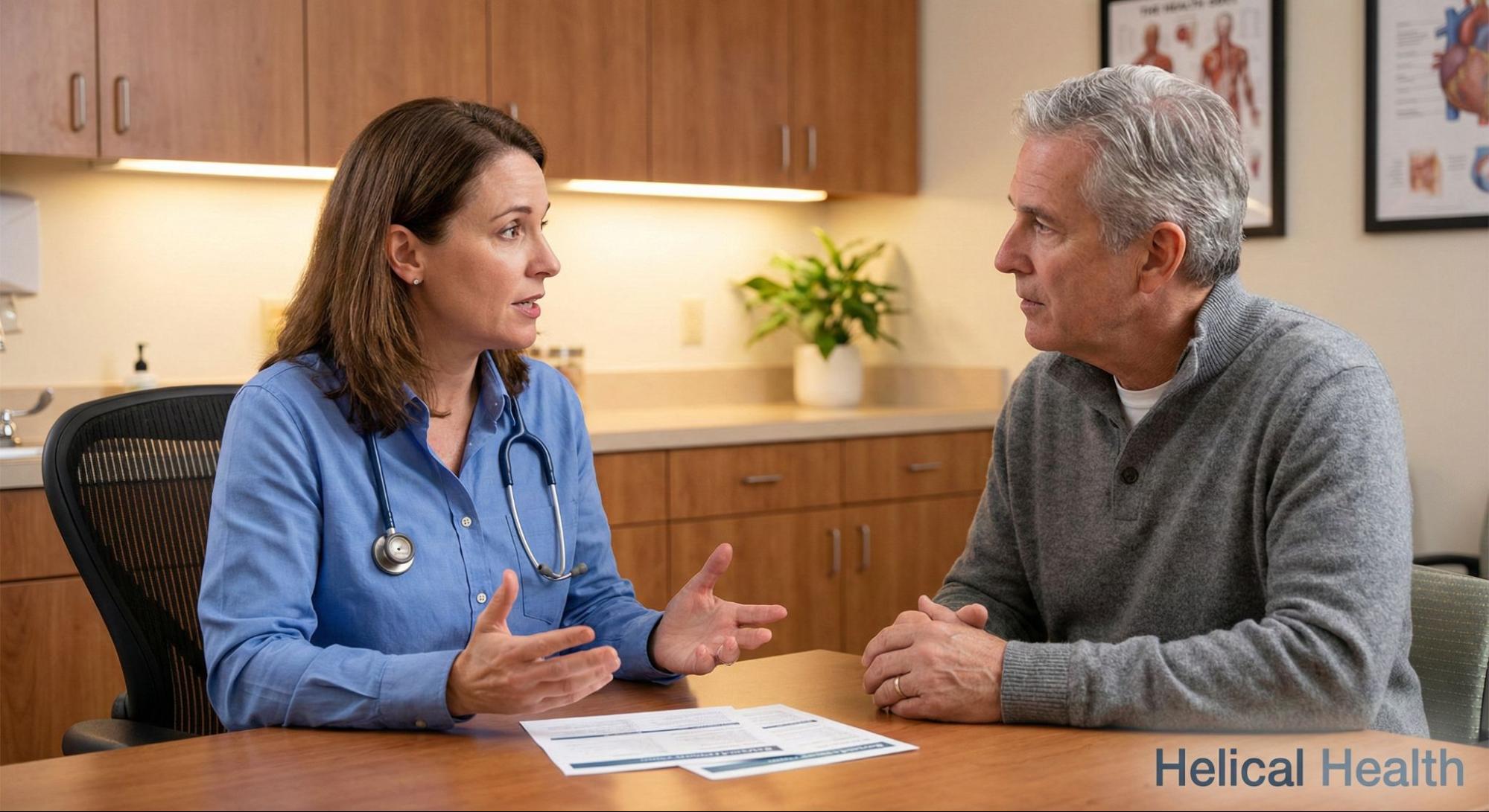 A physician discusses care options with an older patient during a calm, one-on-one medical consultation.