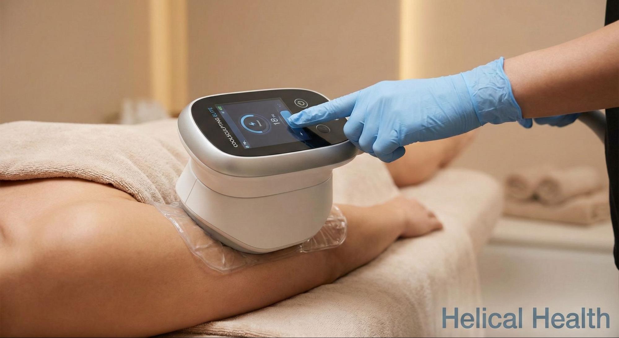 Clinician adjusts a body contouring device on a patient’s thigh during a noninvasive fat reduction treatment.