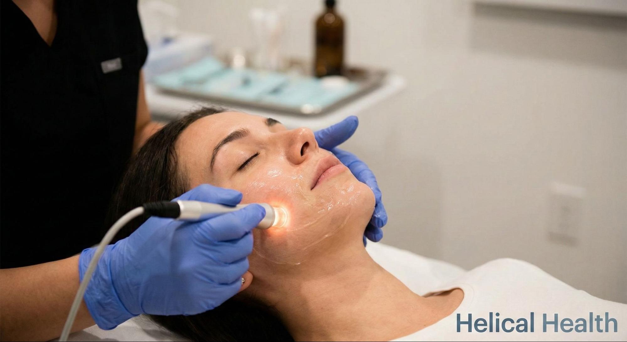 A clinician performs a skin rejuvenation treatment with a handheld device while the patient rests comfortably on a treatment bed.