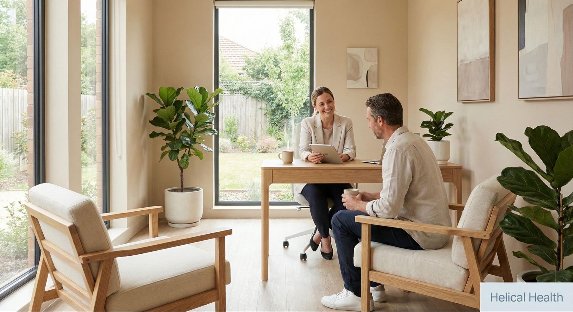 Concierge care provider meets one-on-one with a patient in a calm office, discussing a personalized wellness plan and health goals.