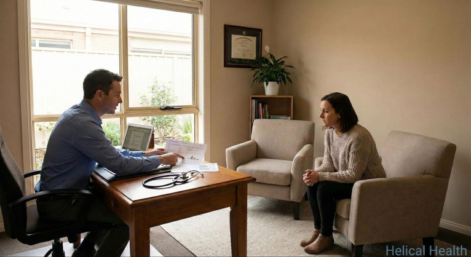 Doctor reviews medical paperwork with patient during a private office consultation.