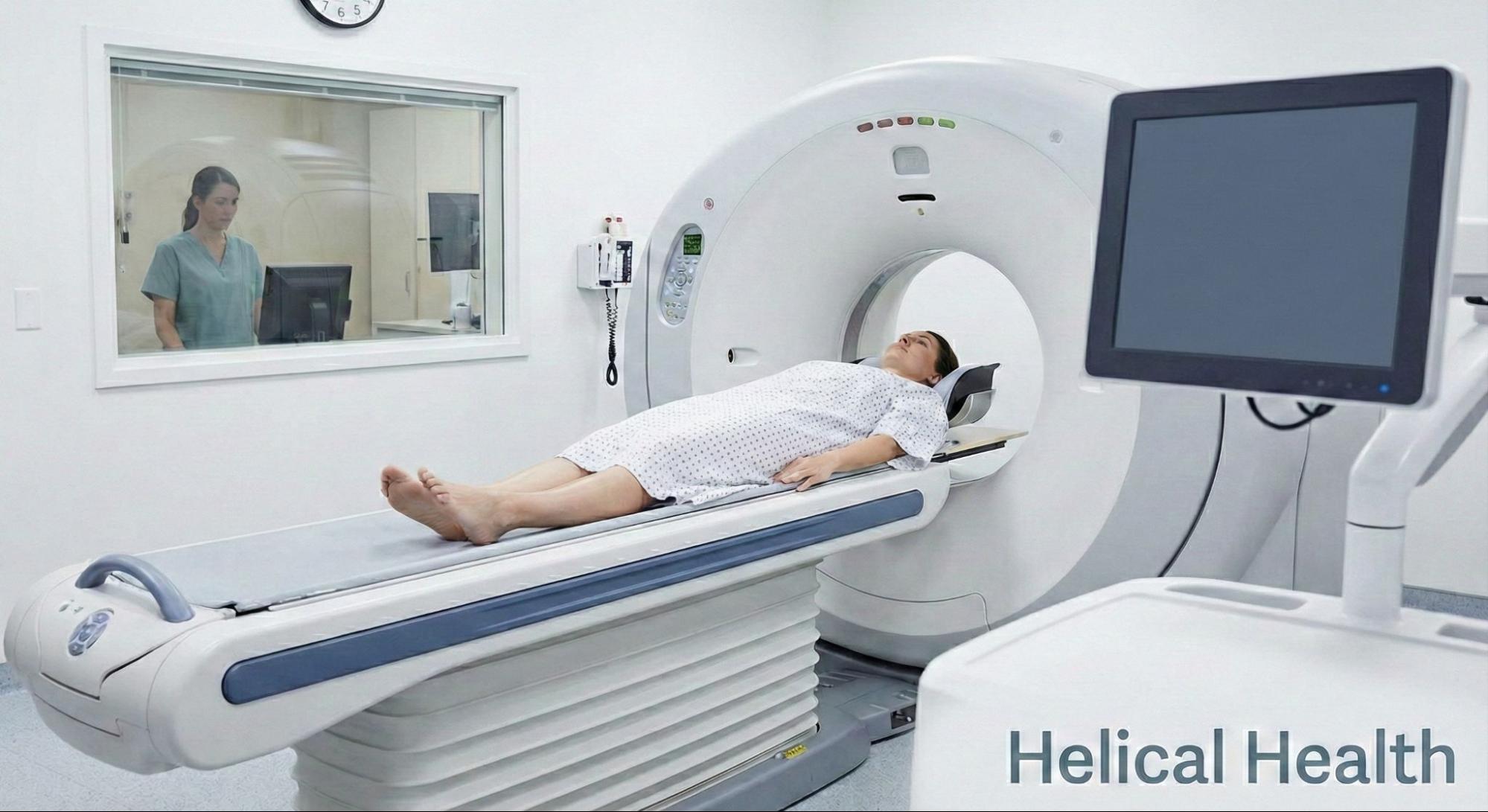 Patient undergoes a lung cancer screening scan while lying on a medical imaging table, monitored by a technician.