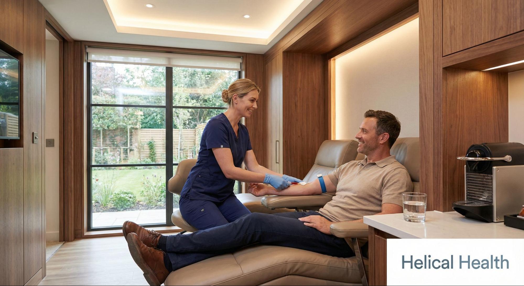 Nurse draws blood from a relaxed patient in a private concierge medicine suite, illustrating in-home lab testing services.