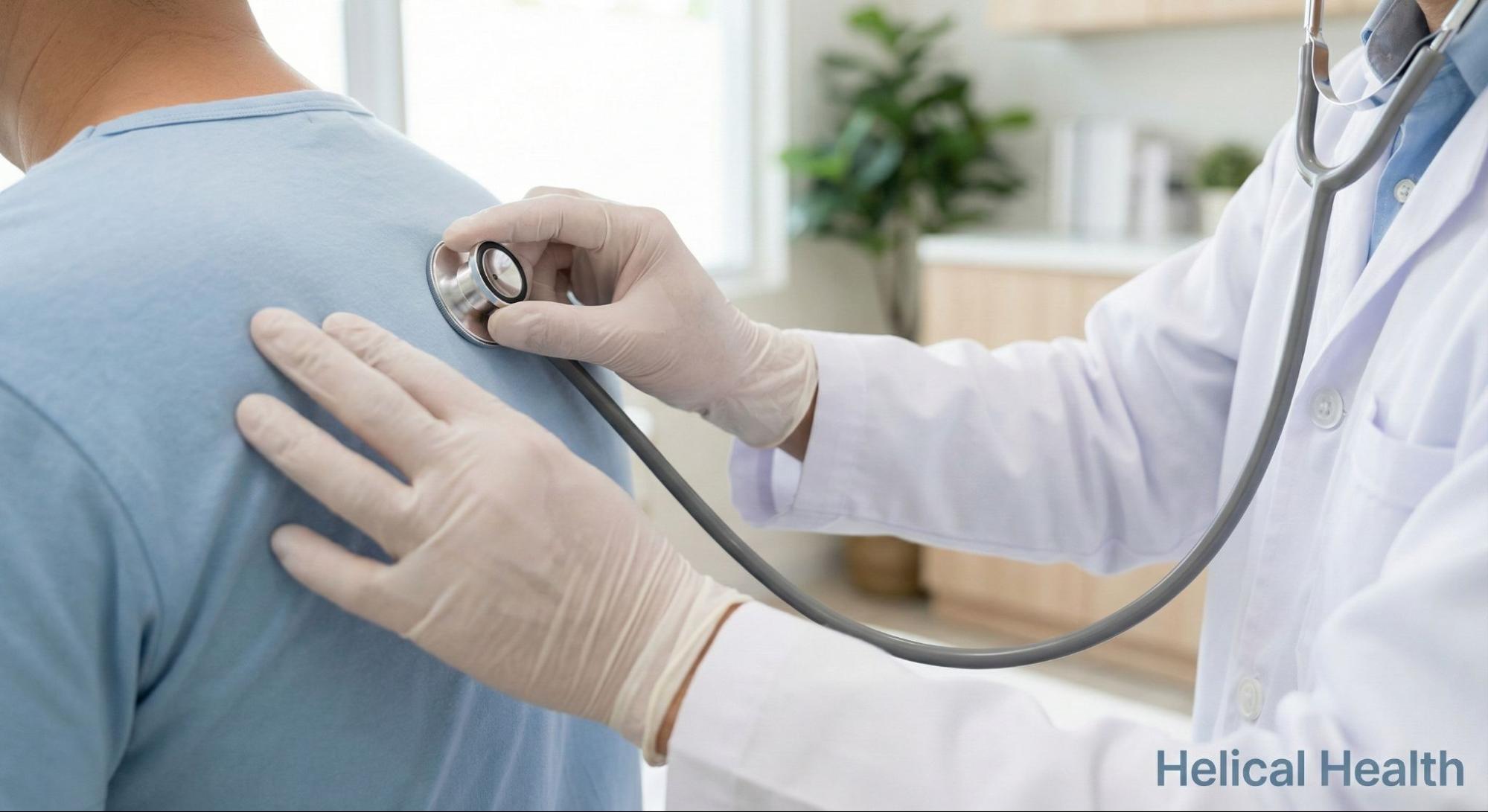 Doctor uses a stethoscope to listen to a patient’s lungs during a routine exam in a calm, modern medical office.