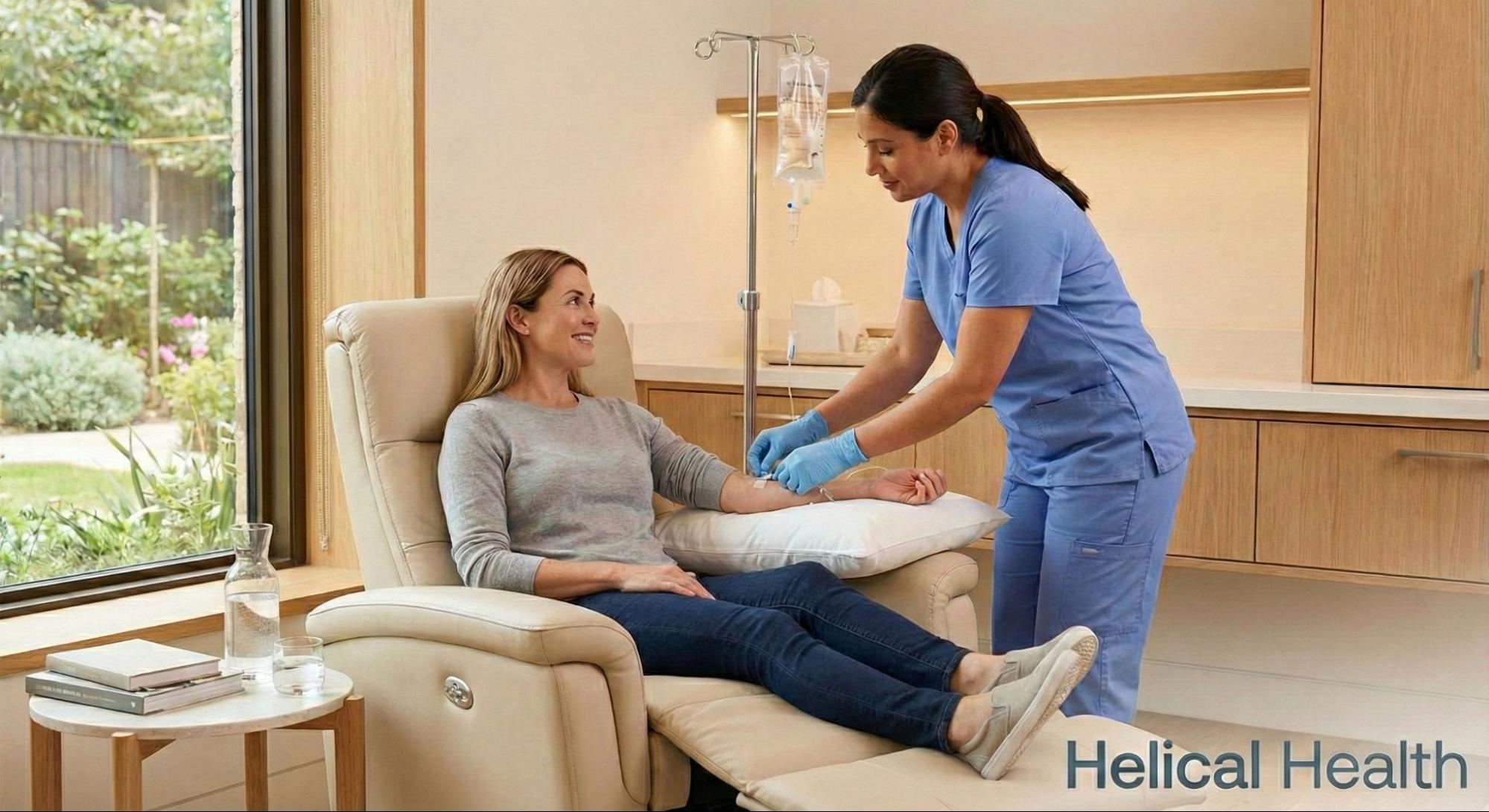 A licensed medical provider administers IV hydration therapy to a patient relaxing in a recliner during a med spa wellness treatment.