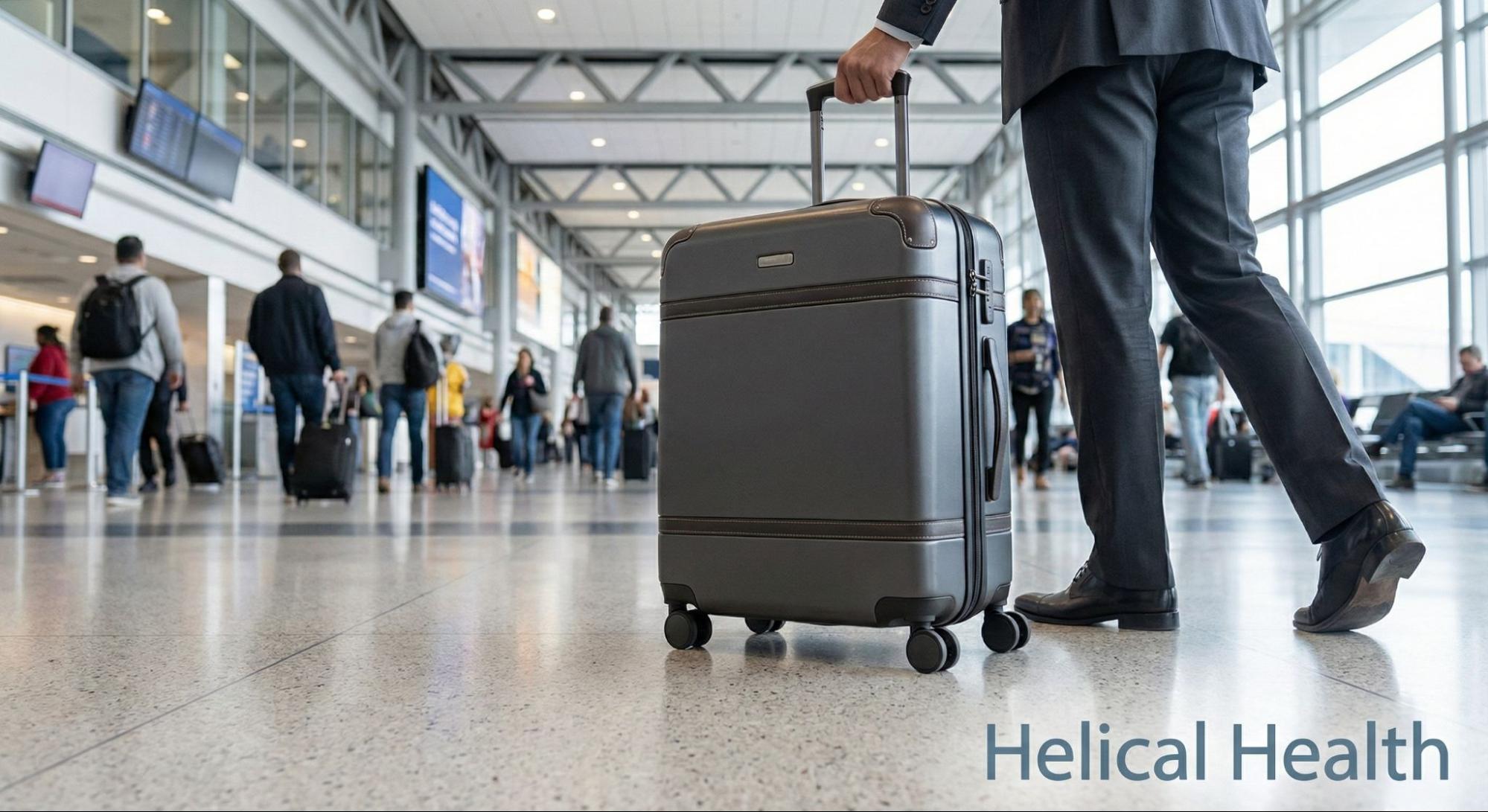 Business traveler pulls a rolling suitcase through a busy, modern airport terminal.