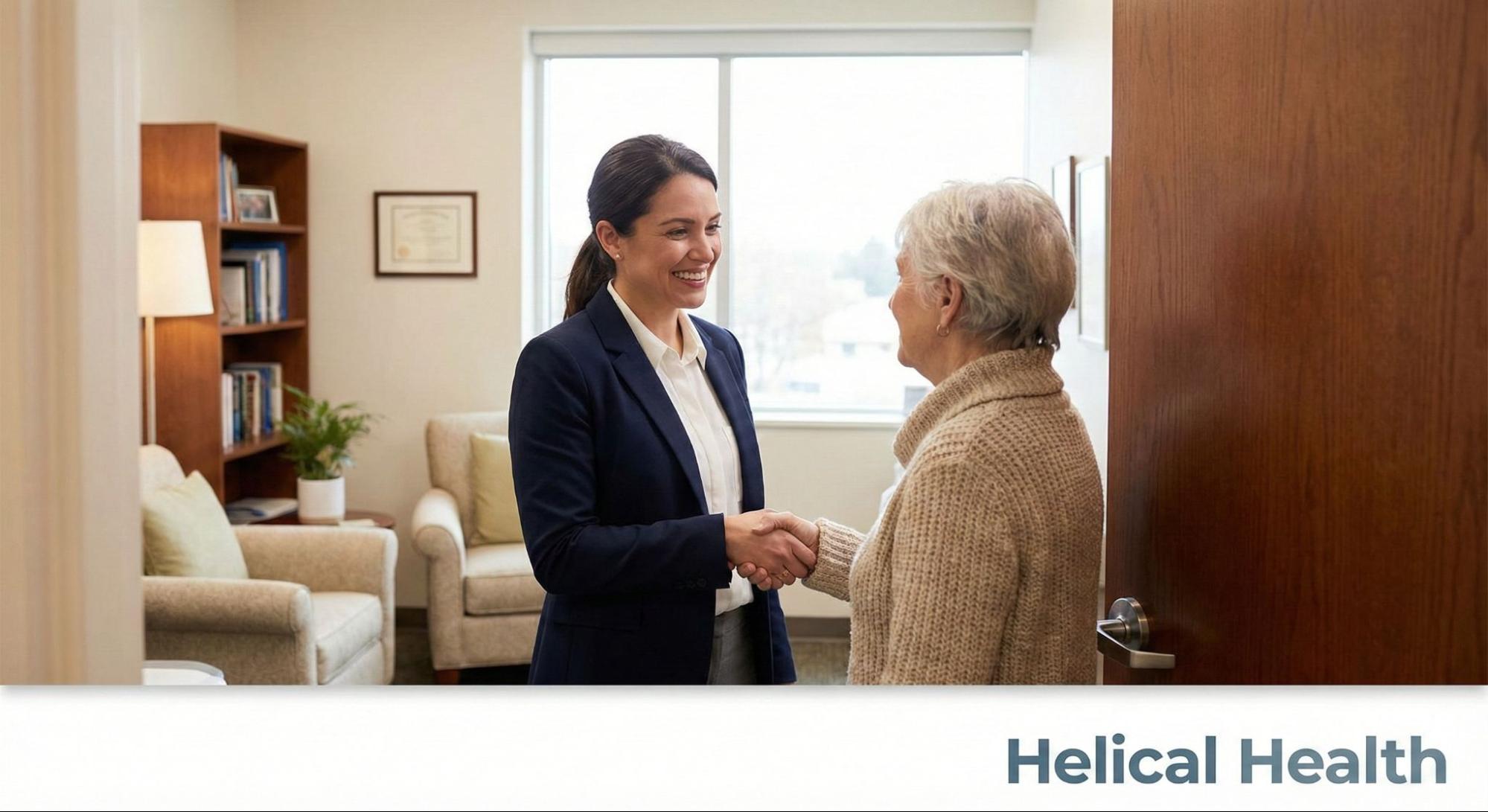 A clinician warmly greets an older patient with a handshake in a bright, comfortable medical office.
