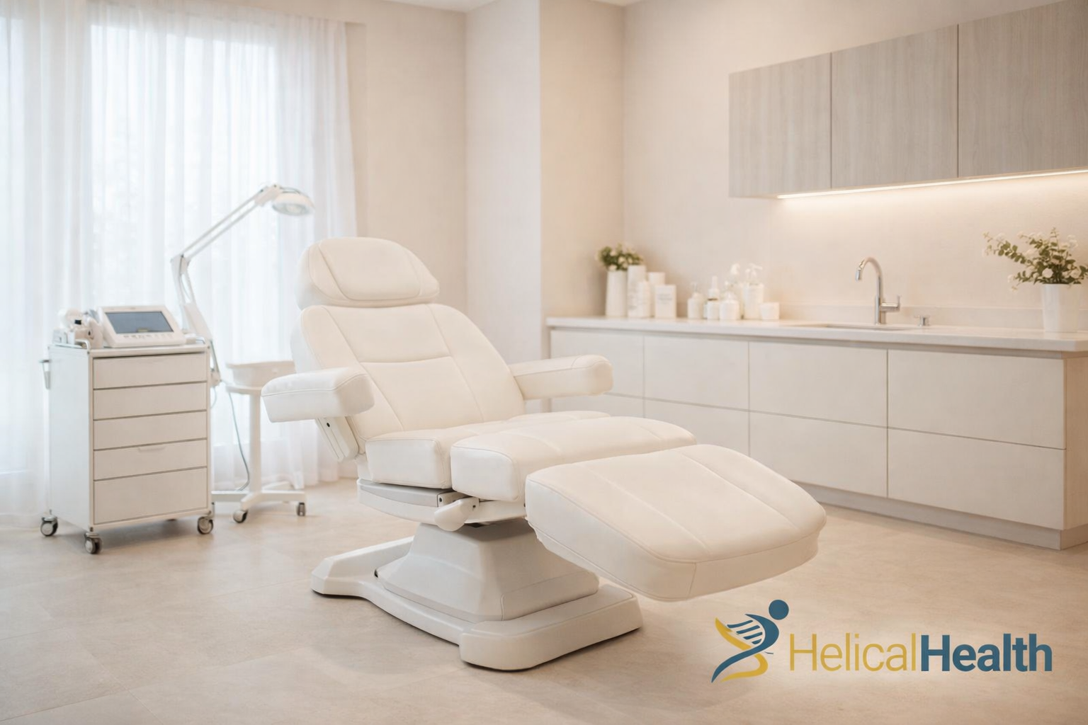 A bright, modern medical treatment room featuring a white adjustable exam chair centered in the space. The room has light wood cabinetry, a long countertop with a sink and neatly arranged skincare or medical products, and soft under-cabinet lighting. A medical device cart with a screen and an adjustable examination lamp stands near a large window with sheer curtains that let in natural light. The setting appears clean, calm, and professional. The “HelicalHealth” logo is visible in the bottom right corner.