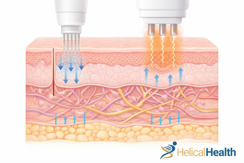 A medical illustration shows a cross-section of human skin with layered tissue, including the epidermis, dermis, and underlying fat. Two treatment devices are positioned above the skin. On the left, a microneedling device with multiple fine needles penetrates the upper layers, with blue arrows indicating stimulation beneath the surface. On the right, an energy-based device delivers heat into the skin, shown by orange waves and a highlighted treatment zone, with upward blue arrows suggesting collagen remodeling and skin tightening. The graphic demonstrates combined microneedling and energy therapy for skin rejuvenation. The “HelicalHealth” logo appears in the bottom right corner.
