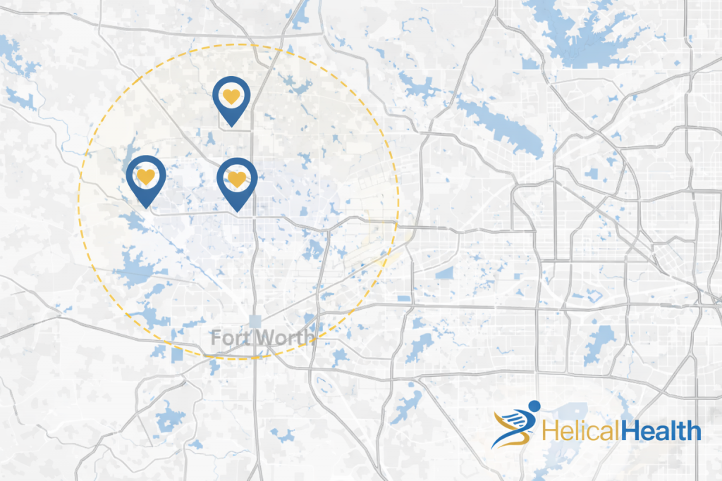A map of the Fort Worth area showing roads, highways, and nearby lakes in light gray and blue tones. Three location pins with heart icons are clustered on the west side of the city within a large dashed yellow circle, indicating a service radius or coverage area. The “HelicalHealth” logo appears in the bottom right corner.