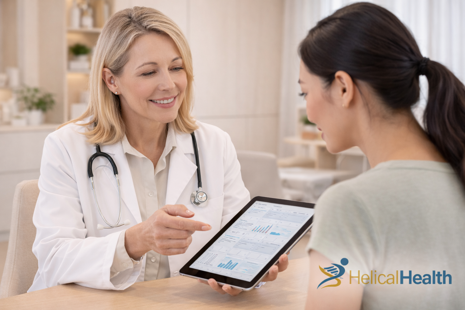 A female doctor wearing a white coat and stethoscope sits with a patient in a bright, modern exam room. Smiling warmly, she holds a tablet and points to charts and graphs displayed on the screen while explaining the information. The patient looks at the tablet attentively. The setting features soft lighting, light wood accents, and a calm, professional atmosphere. The “HelicalHealth” logo appears in the bottom right corner.