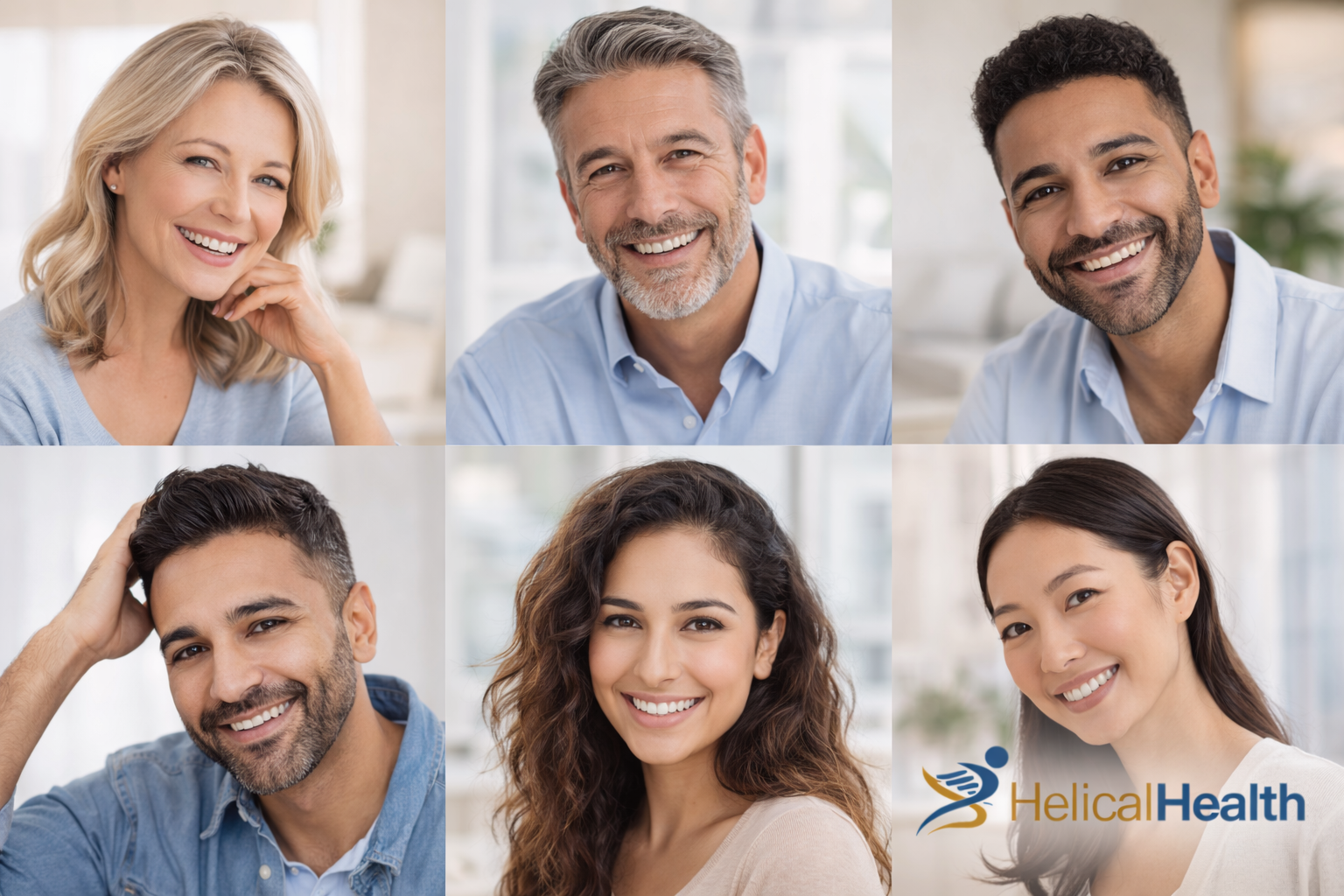 A 2x3 grid of six professional headshots featuring diverse adults, all smiling warmly at the camera. Top row (left to right): A blonde woman with shoulder-length hair, resting her chin lightly on her hand, wearing a soft blue top. A salt-and-pepper–haired man with a neatly trimmed beard, wearing a light blue button-down shirt. A dark-haired man with short curls and a trimmed beard, also in a light blue shirt. Bottom row (left to right): A dark-haired man with light stubble, smiling with one hand resting on his head, wearing a casual blue shirt. A woman with long, wavy dark hair, wearing a neutral-toned top and smiling directly at the camera. An Asian woman with straight dark hair, smiling gently; the “HelicalHealth” logo appears in the lower right corner of this section. The background in each portrait is softly lit and neutral, creating a clean, welcoming, healthcare-oriented aesthetic.