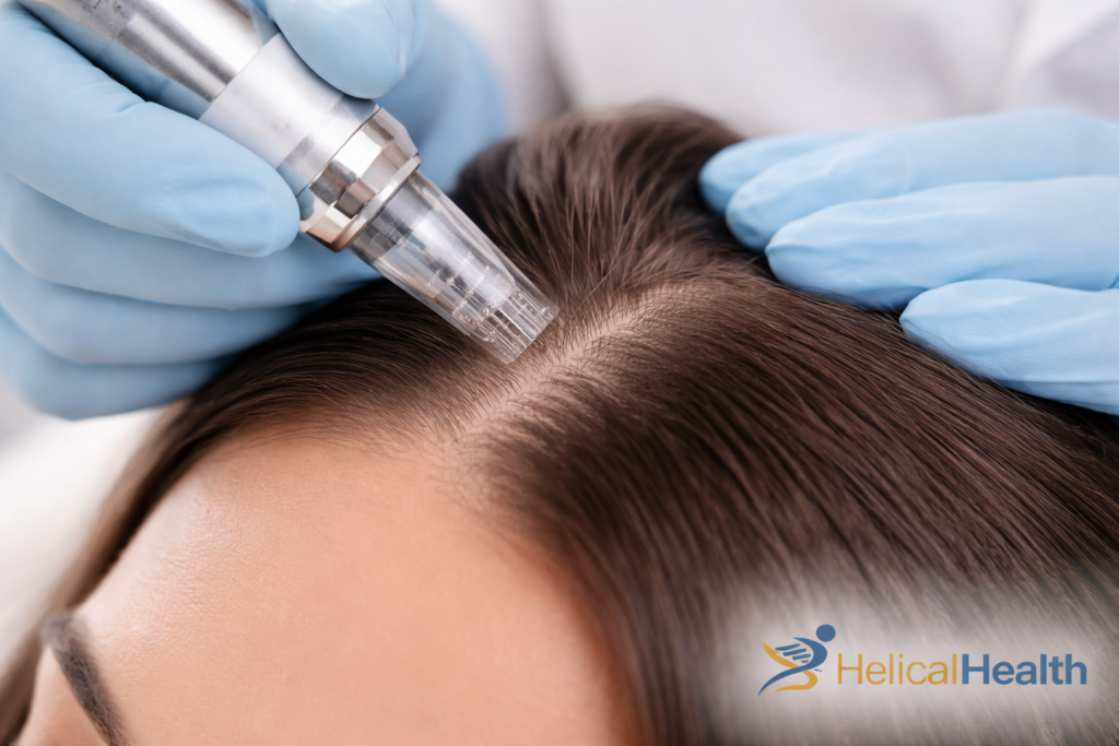 A close-up image of a scalp treatment procedure. A healthcare professional wearing blue medical gloves is using a microneedling device with a transparent tip on a patient’s scalp, where the hair is parted to expose the skin. The device is positioned directly against the scalp, suggesting a hair restoration or scalp rejuvenation treatment. The “HelicalHealth” logo appears in the lower right corner of the image.