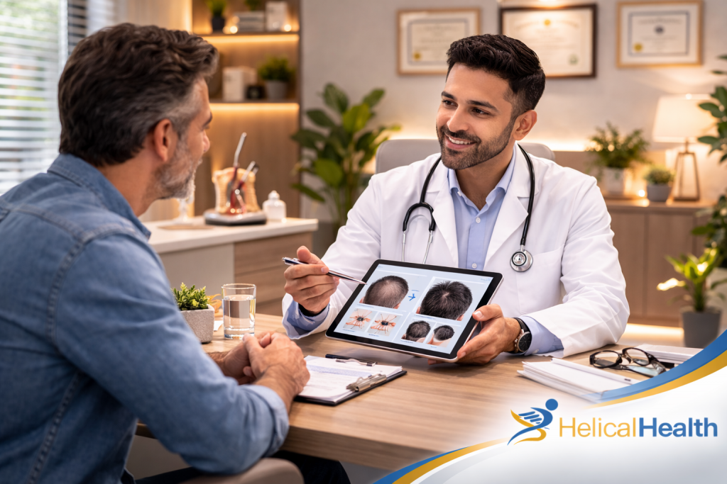 A male doctor wearing a white coat and stethoscope sits across from a middle-aged male patient in a warmly lit medical office. The doctor smiles and holds up a tablet displaying before-and-after images of a scalp and hair restoration results, pointing to the screen with a pen as he explains the treatment. A glass of water, clipboard, and eyeglasses rest on the desk, and framed certificates and plants are visible in the background. The “HelicalHealth” logo appears in the lower right corner.