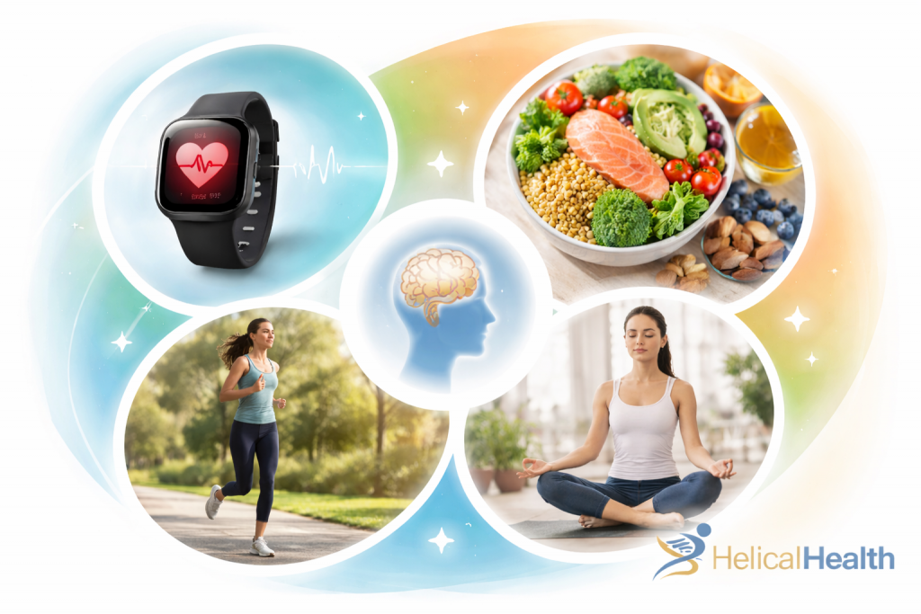 A wellness-themed graphic showing four circular images arranged around a central silhouette of a head with a highlighted brain. The surrounding circles feature a smartwatch displaying a heart rate, a bowl of healthy foods including salmon and vegetables, a woman jogging outdoors, and a woman meditating cross-legged indoors. The design uses soft blue and green gradients with subtle sparkles, and the “HelicalHealth” logo appears in the lower right corner.