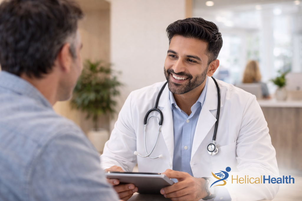 A smiling male doctor wearing a white coat and stethoscope sits across from a male patient in a bright, modern clinic setting. The doctor holds a tablet in both hands while engaging in conversation, making friendly eye contact. A potted plant and softly lit reception area are visible in the background. The “HelicalHealth” logo appears in the lower right corner.