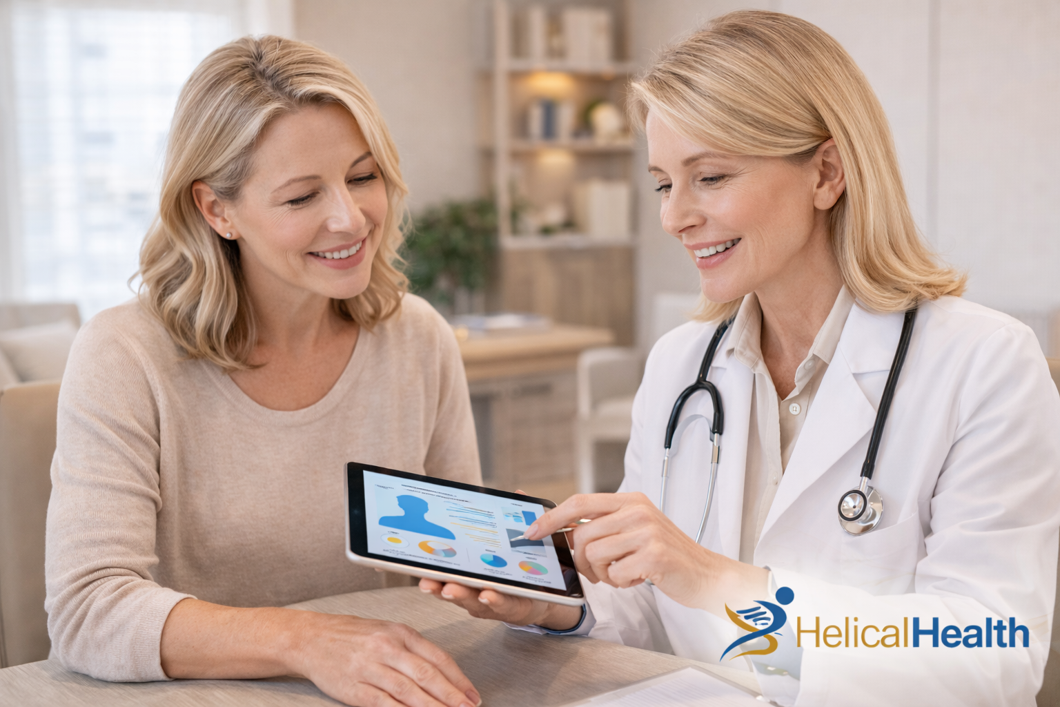 A female doctor wearing a white coat and stethoscope sits beside a middle-aged female patient in a bright, modern exam room. Both are smiling as the doctor holds a tablet and points to charts and health data displayed on the screen, explaining the information. The “HelicalHealth” logo appears in the lower right corner.