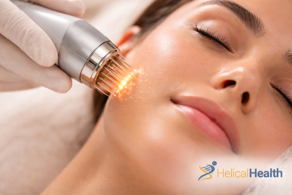 Close-up of a woman with eyes closed receiving a facial microneedling treatment on her cheek. A gloved hand holds a handheld device with multiple fine needles that emit a warm orange glow as they touch the skin, suggesting radiofrequency or energy-assisted therapy. Her skin appears smooth and radiant, and the setting resembles a professional spa or medical aesthetics clinic. The “HelicalHealth” logo is visible in the bottom right corner.