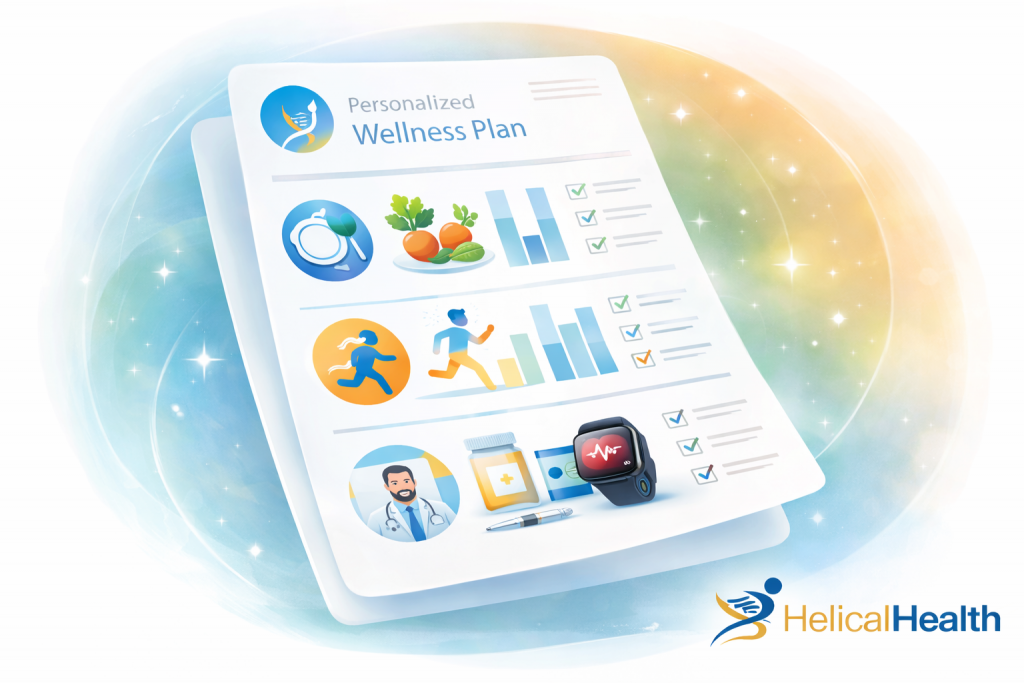 An illustrated document titled “Personalized Wellness Plan” featuring icons and charts related to healthy living. The page includes visuals of balanced meals, fresh vegetables, exercise figures, progress bar graphs, and checklists with marked boxes. At the bottom are icons of a doctor, medication bottle, insurance card, pen, and a smartwatch displaying a heart rate. The background has a soft blue-to-gold gradient with subtle sparkles, and the “HelicalHealth” logo appears in the lower right corner.